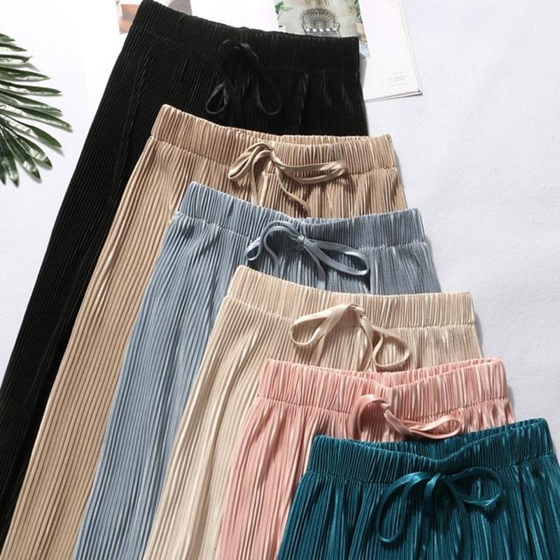 Women&#039;s Pants & Capris 2022 Summer Spring Fashion Tide Black Casual Loose Elastic Waist High Pleated Wide Leg Women Chiffon-image-760169611