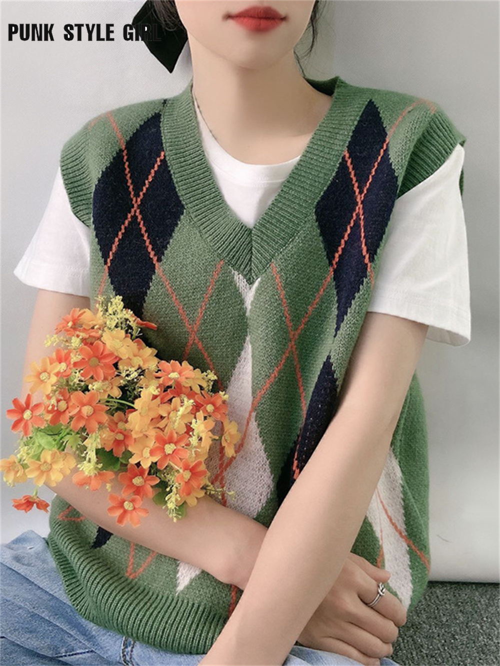 

Vintage Y2K Argyle Sweater Vest Cyberpunk V Neck Sleeveless Tank Jumper Preppy Plaid Knitted Pullover Kpop Knitwear Hot Girl Top, Green