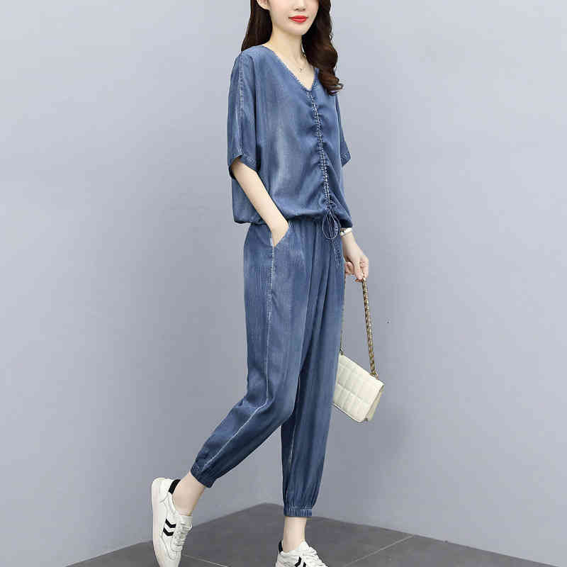 Pantalon de deux pièces de femmes tencel denim costume d'été de femme de style coréen style de style coréen loisir filet rouge en vrac en deux pi