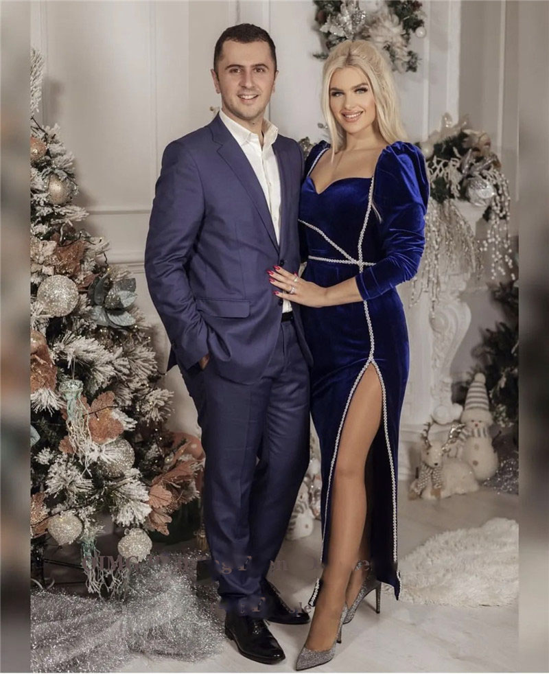 Vintage Royal Blue Velvet Evening Dresses Puff Long Sleeves Sweetheart Slit Ankle Length Prom Gowns Women Formal Party-image-760591383