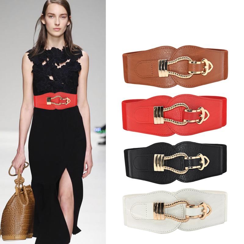 

Belts Fashion Windbreaker Elastic Waistband Button Decoration Wide Belt Ladies Alloy Buckle Leather Dress Waist BeltsBelts, Red