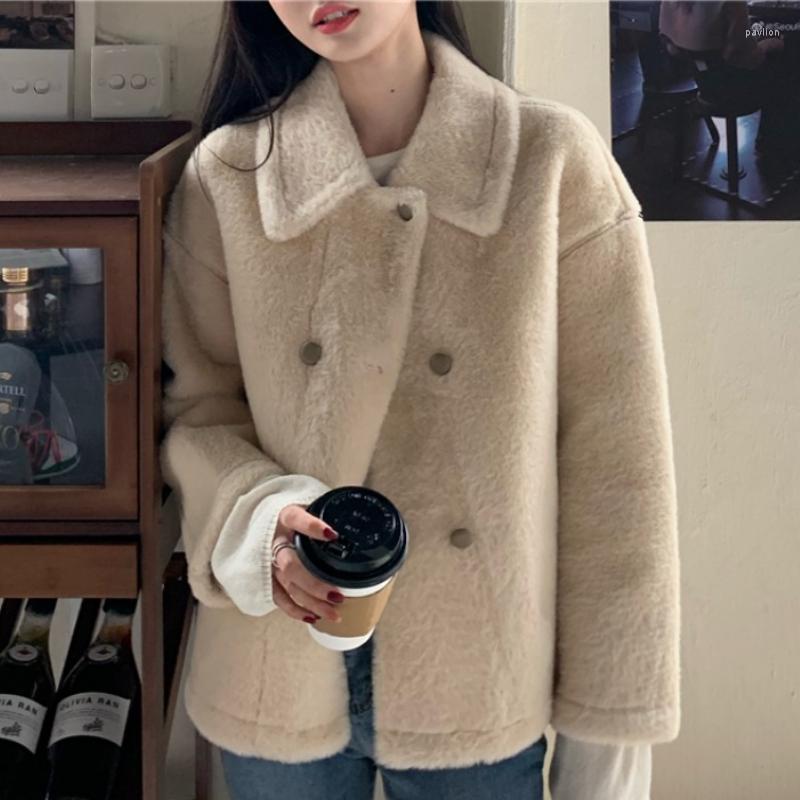 

Women's Jackets Woman Jacket 2022 Fall Winter Korea Fashion Elegant Commute Wild Lapel Double Breasted Design Loose Casual Plush Thick, White