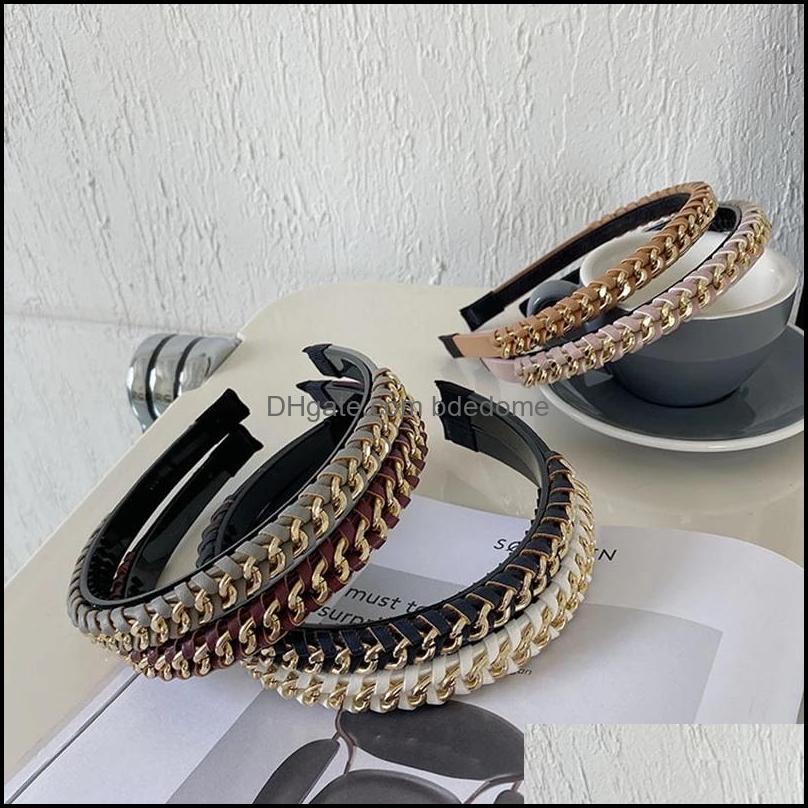 

Headbands Hair Jewelry Alloy Chain Imitation Leather Thin-Edged Headband Fashion Accessories Women Winding Pu Hai Dhvnf