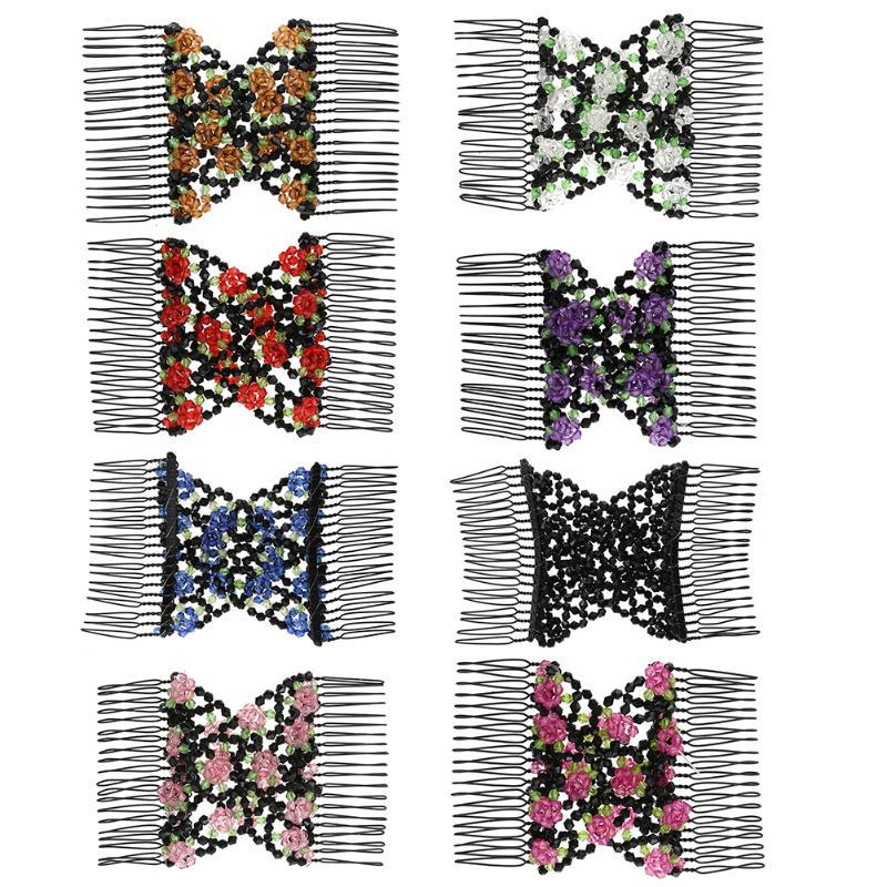 

Hair Clips & Barrettes Women Flower Bead Stretchy Combs Wedding Accessories Double Magic Slide Metal Comb Elasticity Clip Hairpins Headband