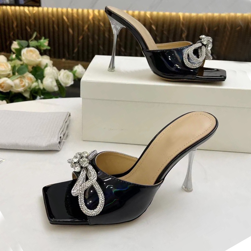 

Classic women High slippers cowhide 100% leather bow Thin heels Slides woman shoe beach Lazy Sandals sexy High heeled shoes Diamonds designer slipper Large size 35-42, Black
