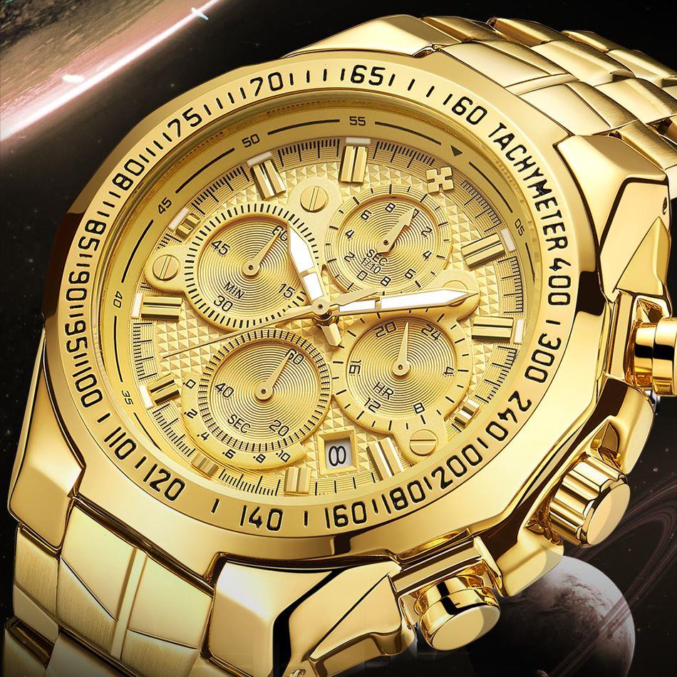 

Sports Chronograph Mens Watches Luxury Gold Full Steel Quartz Watch Men Military Waterproof Wrist Relogio Masculino, Black black box