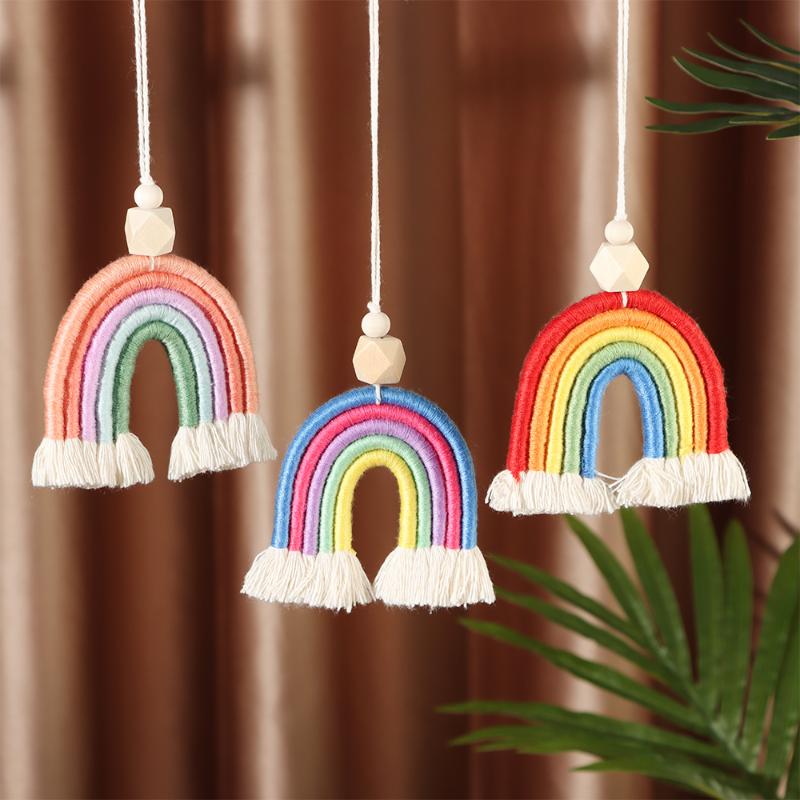 

Interior Decorations Boho Handmade Rainbow Decoeation Weaving Keychains Car Rearview Mirror Pendant Auto AccessoriesInterior