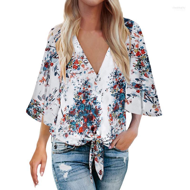 

Women' Blouses & Shirts Floral Print Women Bouses 2022 Summer Clothing Female Office Work Lady Loose Casual Flared Sleeve Bow Tie Tops Chee, Blue