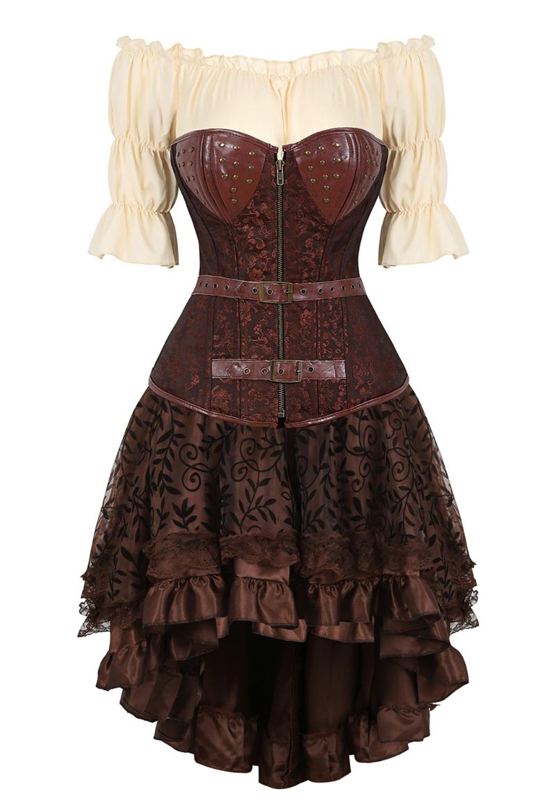 

Bustiers & Corsets Three-Piece Steampunk Locking Gothic Corset Mujer Dress Straps Leather Pirate Skirt Sets Zipper Medieval Sexy CostumesBus, 6530beige