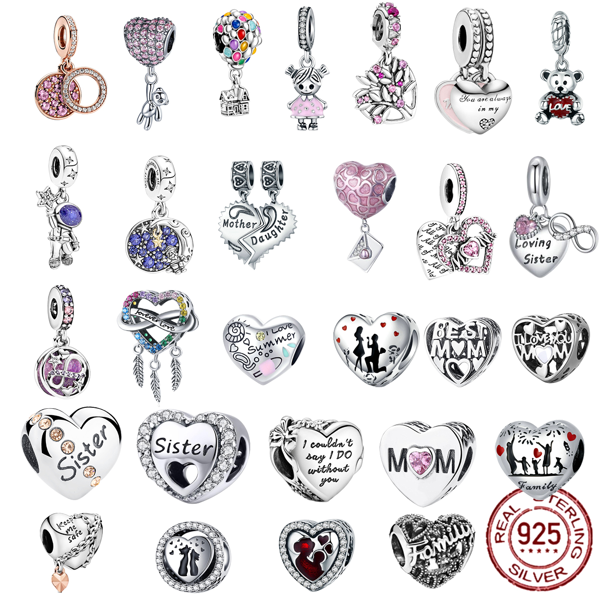 

925 Silver Fit Pandora Charm 925 Bracelet Purple Family Mom Sister Dangle charms set Pendant DIY Fine Beads Jewelry