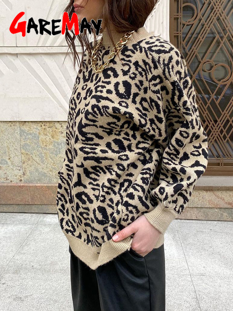 Pull femmes col roulé léopard tricoté pull imprimé Animal hiver épais femme pulls décontracté hauts pull surdimensionné L220815