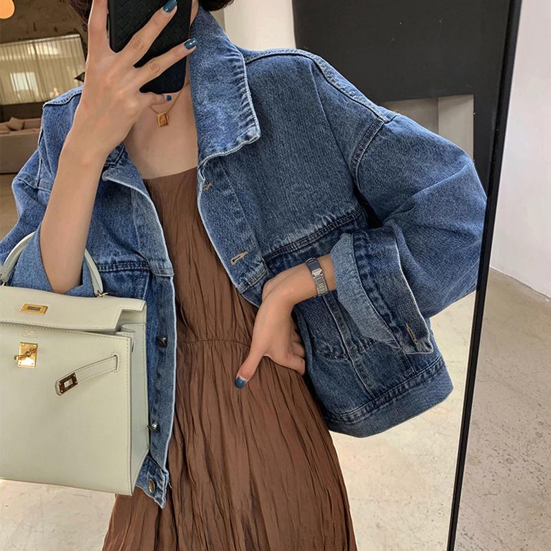 

Women's Jackets Korean Casual Jean Jacket Women 2022 Autumn Loose Batwing Sleeve Cropped Denim FemaleWomen's, Blue