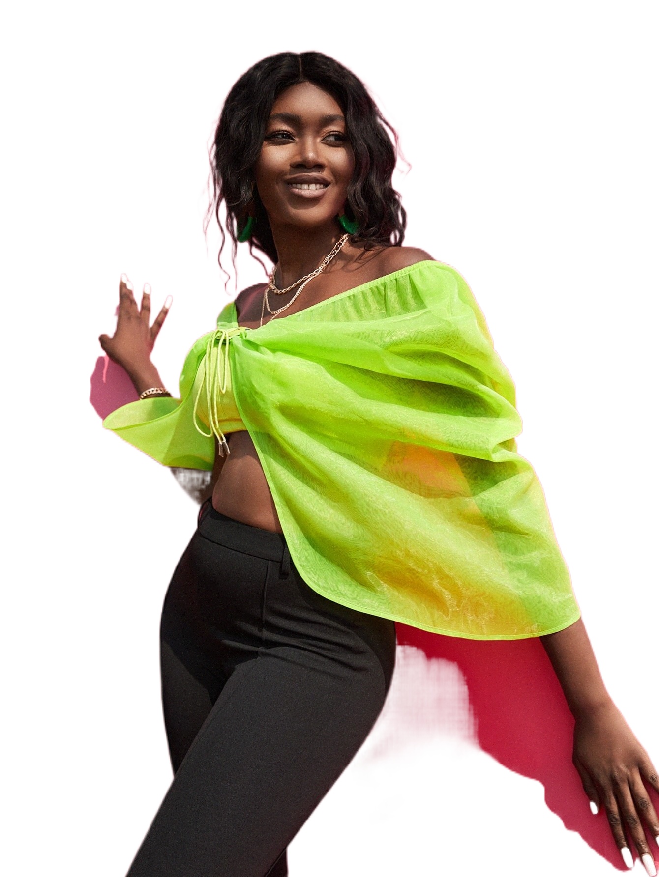 

x LIYUN X Neon Green Tie Front Off Shoulder Organza Top G6Yp#, Lime green