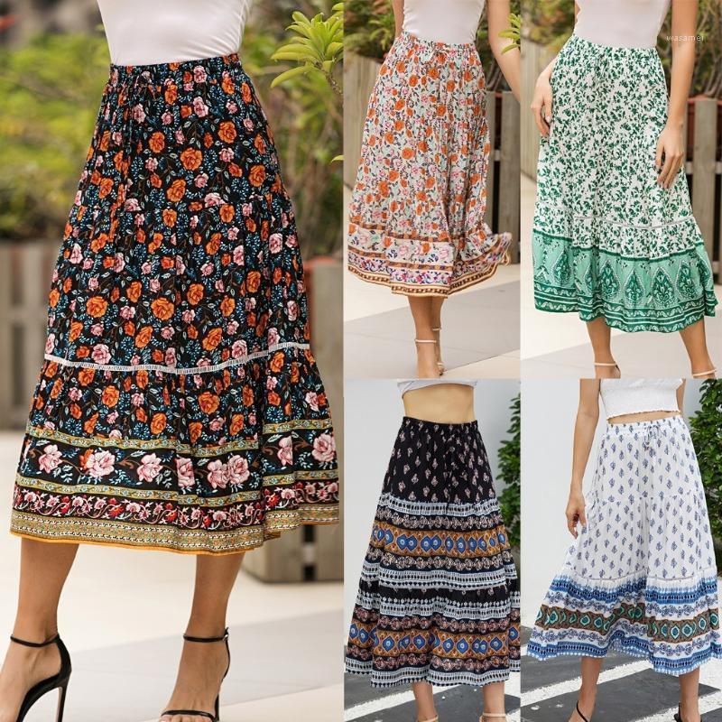 

Women Beach Summer Skirt Fashion Print Midi Autumn Ladies Vintage Skirts Spring Chic Faldas, Black