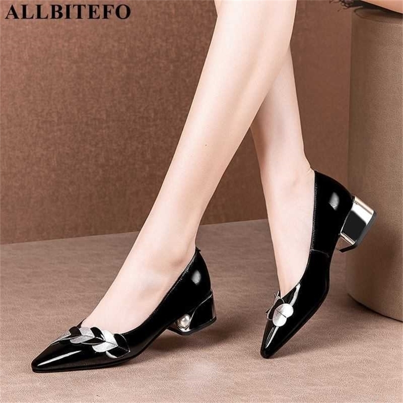 

ALLBITEFO large size3442 genuine leather brand high heels office ladies shoes women high heel shoes thick heels women shoes 210611, As picture