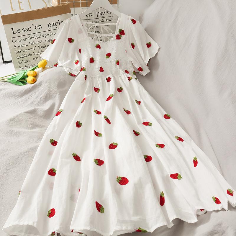 

Casual Dresses Vintage Kawaii Strawberry Dress Women Sexy Ruffle Puff Sleeve Off Shoulder Embroidery Summer Party 2022 Korean Elegant, Pineapple dress a