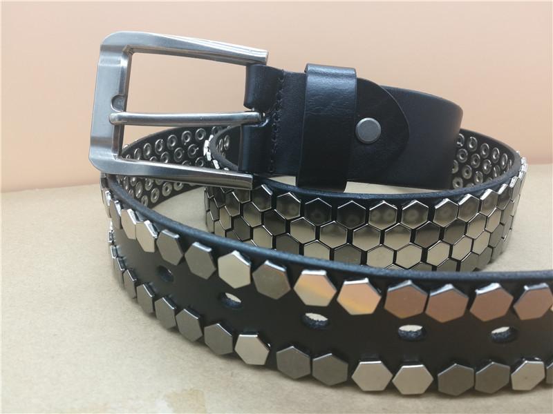 

Belts Heavy Metal Hexagonal Studded Men's Denim Belt Rocky Jeans Leather Punk Designer Rivet BeltBelts, Black