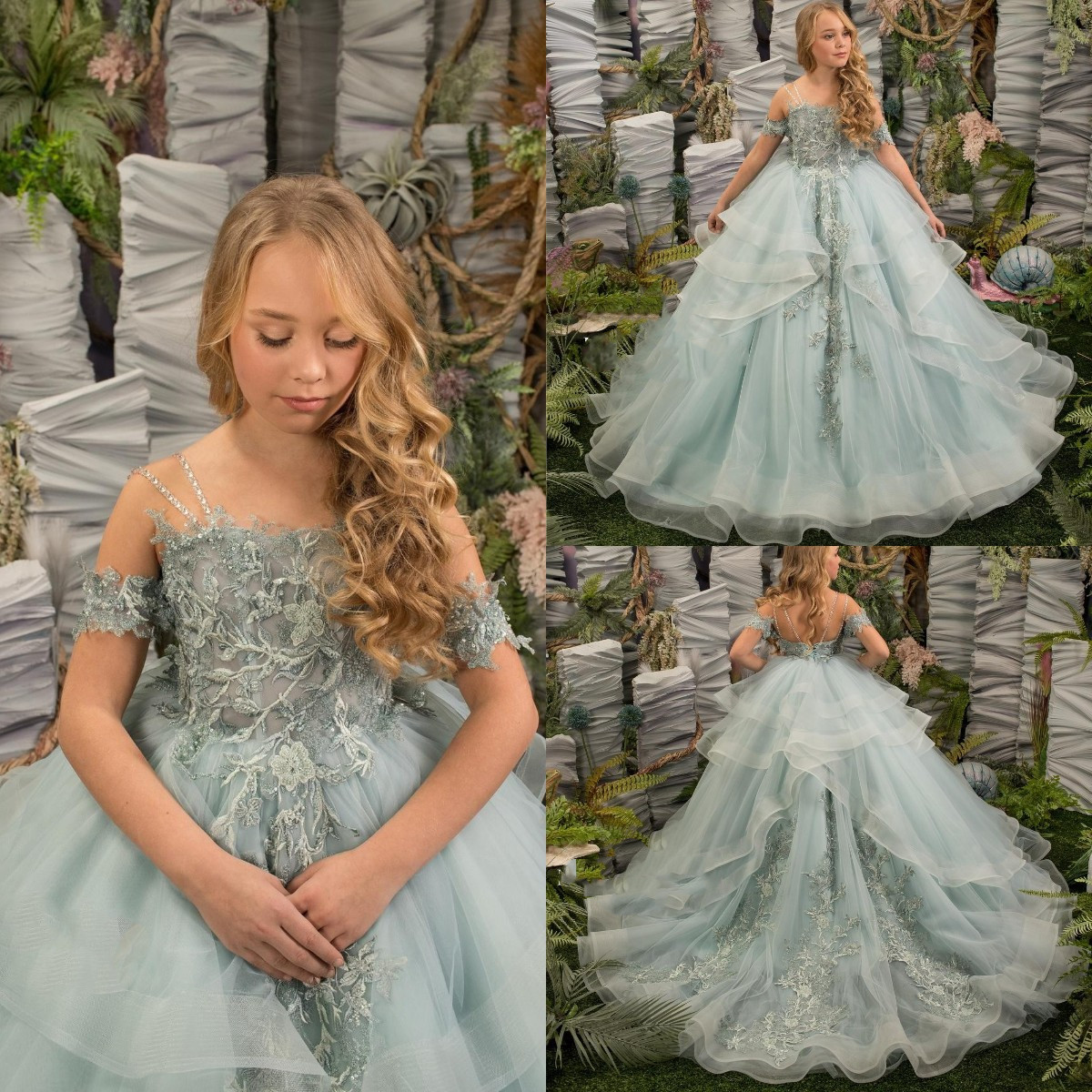 Robes de fleurs vert clair robe de fête d'anniversaire Appliques de dentelle paillettes en tulle