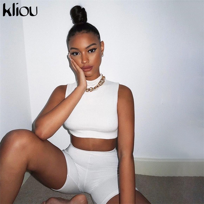 Kliou solide sans manches haut court deux pièces ensemble femmes élastique haute été biker shorts 2020 nouvelle mode vêtements décontractés maigr