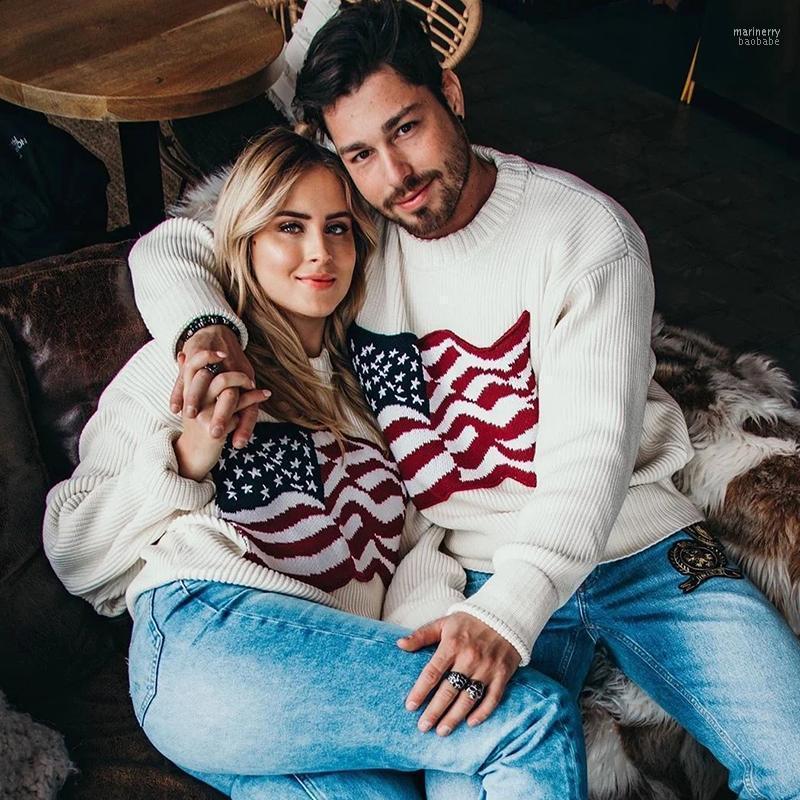 

Female Pollover Sweater Women Causal America Flag Soft Top Autumn Winter Knitted Long Sleeve Korean Oversize Women' Sweaters Mari22, White