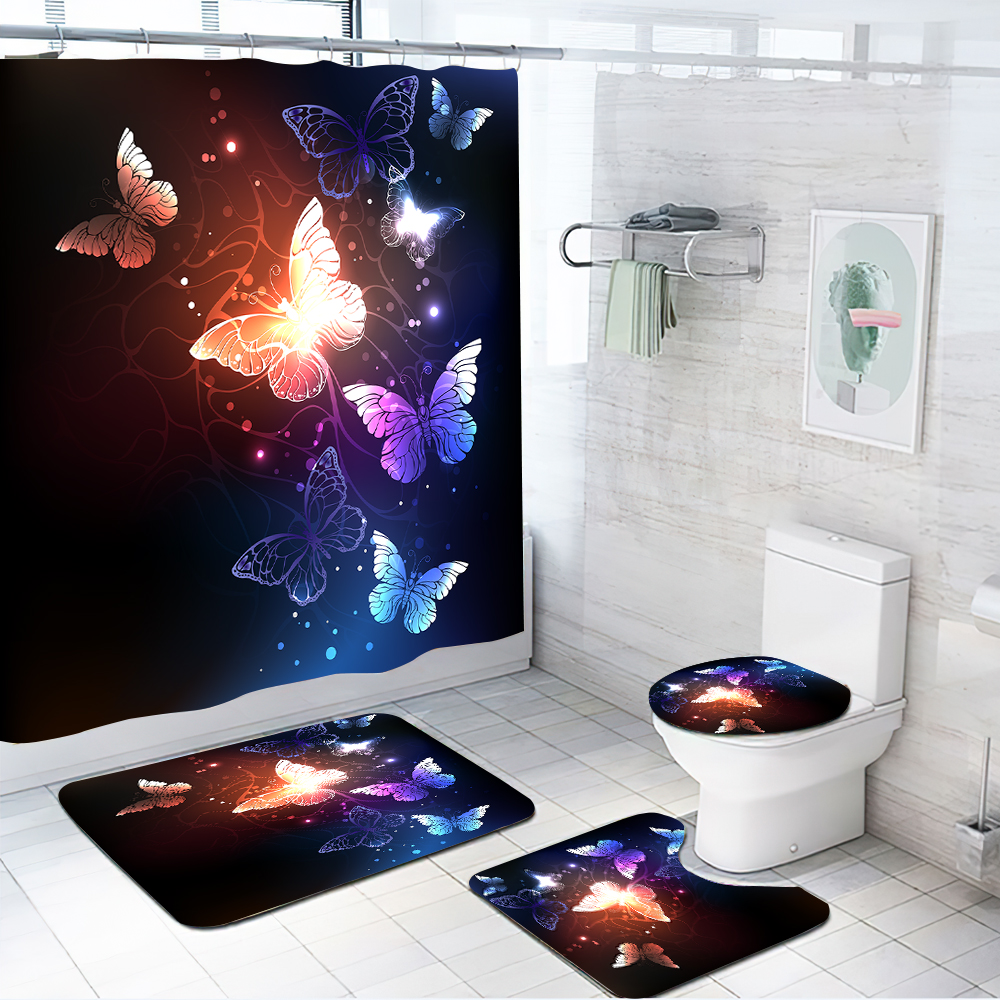 Colorful butterfly 90g shower curtain lamb cashmere non slip floor mat toilet cover mat bathroom four piece set-1-image-758757187