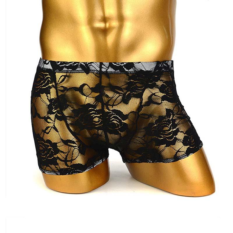

Underpants Sexy Men See Through Sheer Floral Lace Boxer Brief Shorts Underwear Sissy Crossdress Gay Lingerie For Him 3 ColorsUnderpants, Black
