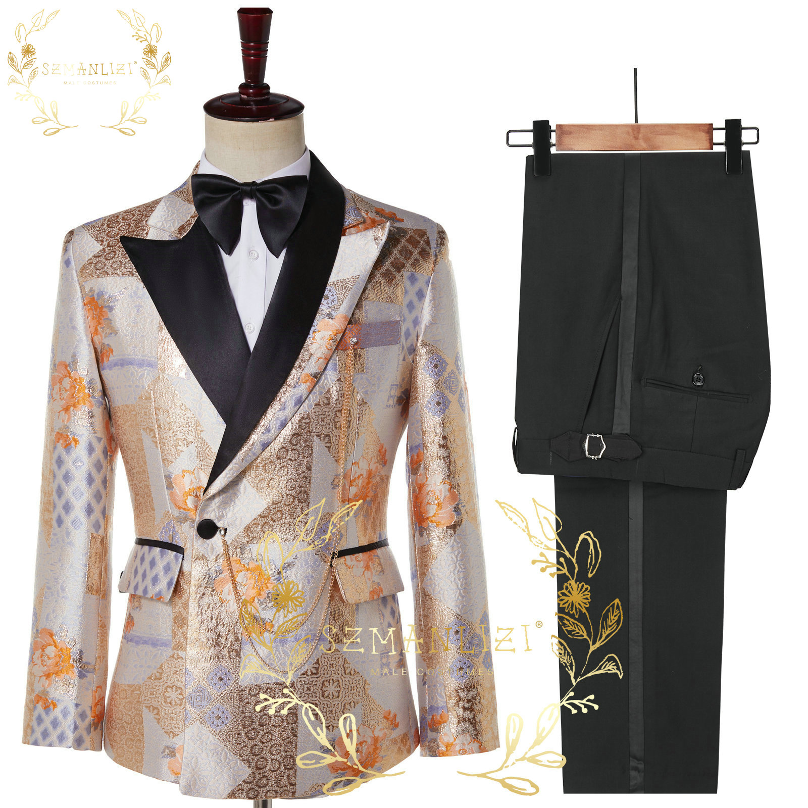 SZMANLIZI 2022 Handsome Latest Designs Slim Fit Floral Jacket Party Tuxedos Male Dress Double Breasted Wedding Groom Men Suits