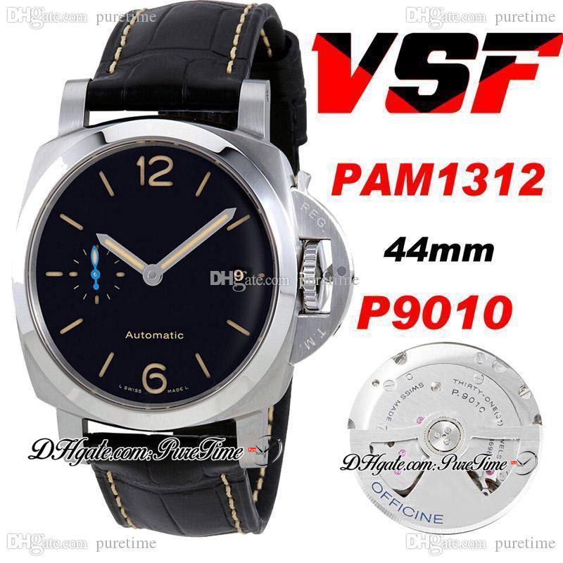 

VSF 44mm VS1312 P.9010 P9010 Automatic Mens Watch Steel Case Black Dial Blue Hands Leather Strap With White Line Super Edition PTPM Puretime