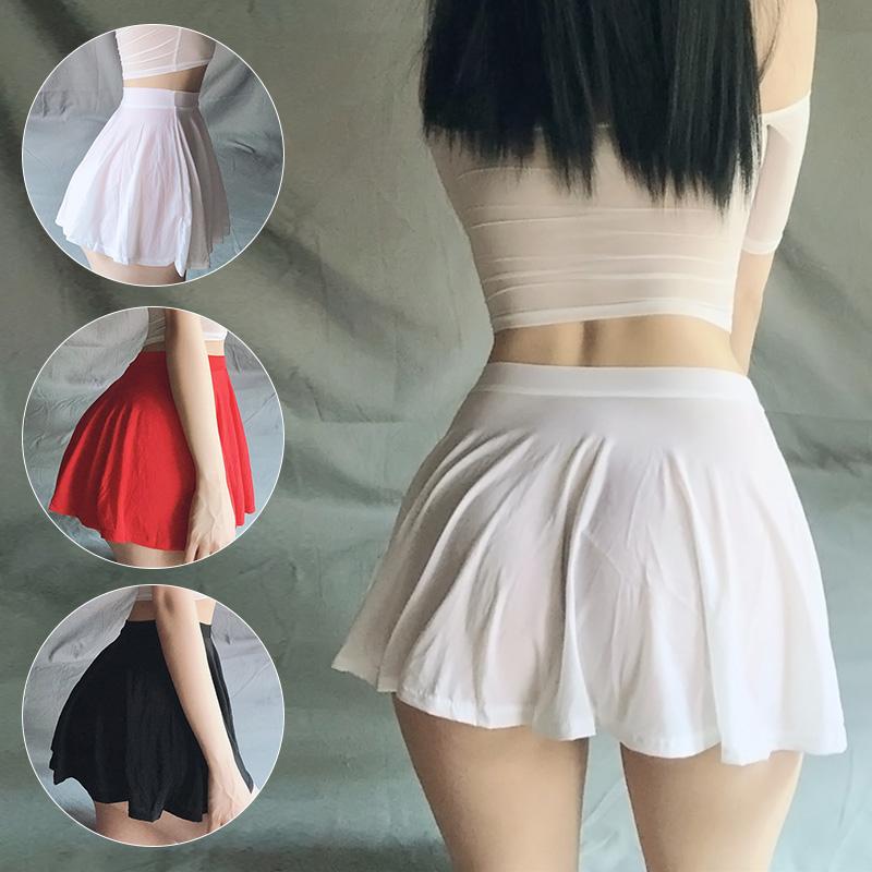 

Skirts Women Sexy Nylon Ice Silk Transparent Unlined Pleated Mini Skirt Summer Sweet Tempting Short Dance Female Fashion Clubwear, Black