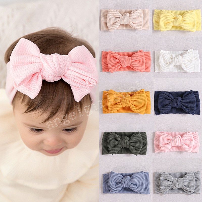 

DIY Nylon Baby Waffle Knit Bow Headband Solid Color Big Bows Headwraps Children Simple All-match Wide Turban Hairband