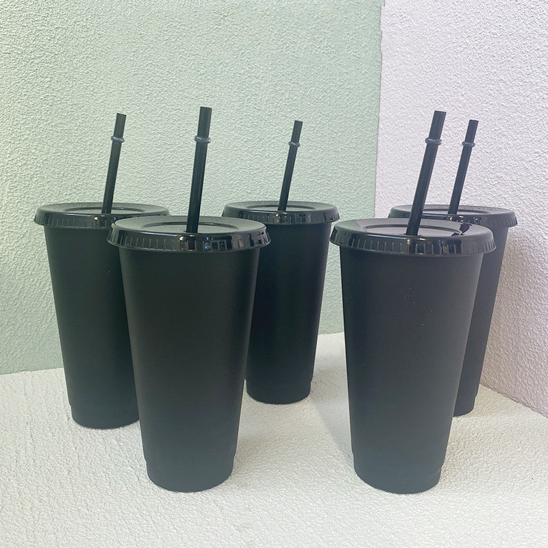 

24oz Clear Cup Plastic PP Tumbler Summer Black Reusable Cold Drinking Coffee Juice Mug with lid and straw