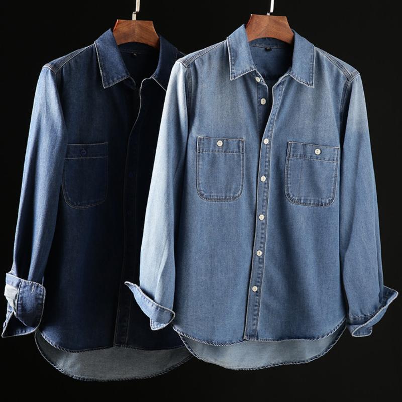

Men's Casual Shirts Men's Long-sleeved Solid Denim Shirt Coats Fashion Brand Classic Retro Pocket Decoration Business Spring Autumn Tops, Dark