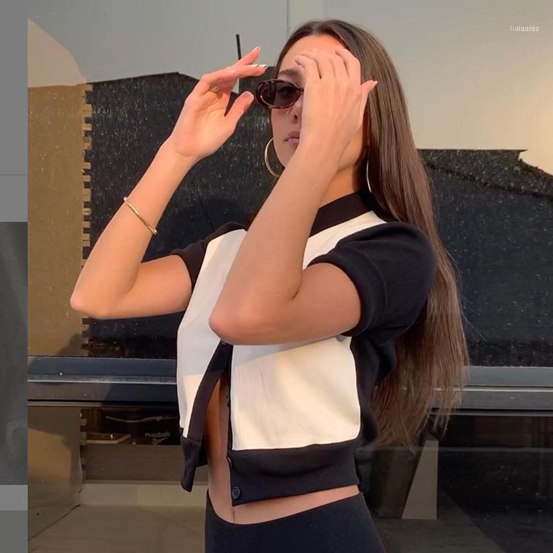 

Summer Girls Short Sleeve Top Ladies Fashion Color Splicing Lapel Casual Button Slim Shirt For Shopping Streetwear Blouse Women' Blouses