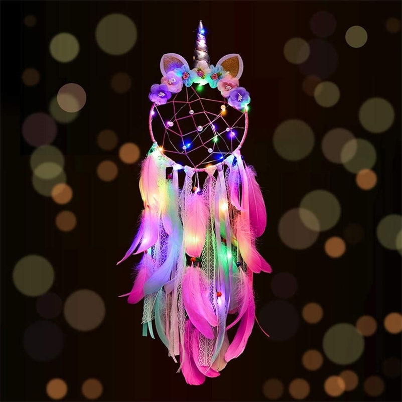 

Unicorn Dream Catcher Unicorn Wind Chimes Big Dreamcatcher for Decoration LED Light Feather Home Decoration Accessories 220517
