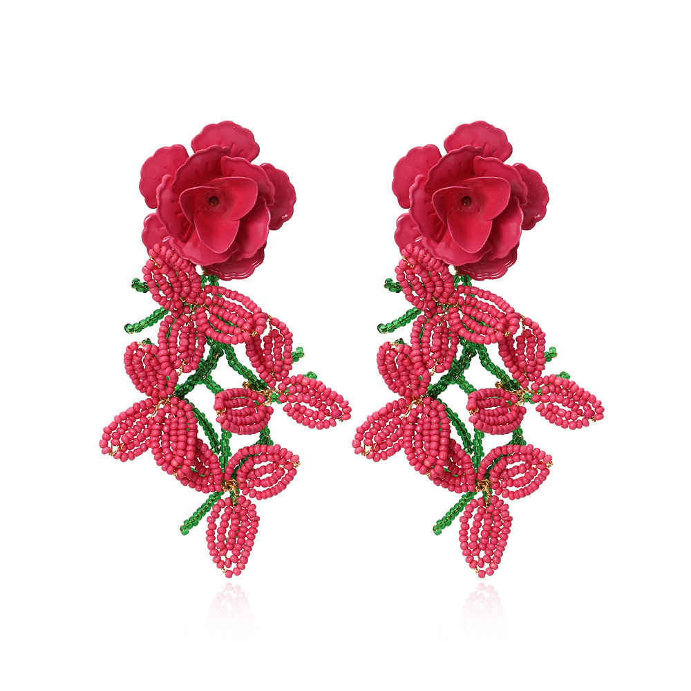 

Personalized Hand Woven Rice Bead Flower Tassel Earrings Exaggerated Paint Earrings Female