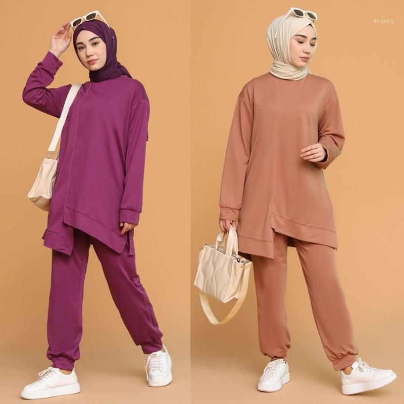 Vêtements ethniques Survêtement asymétrique droit sans doublure à manches longues sans collier saison couleur unie femmes mode musulmane hijab sp