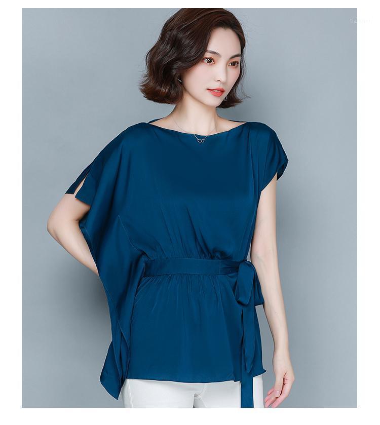 

Women' Blouses & Shirts Plus Size Women Satin Short Sleeve Tops Summer Lady Loose, Navy blue