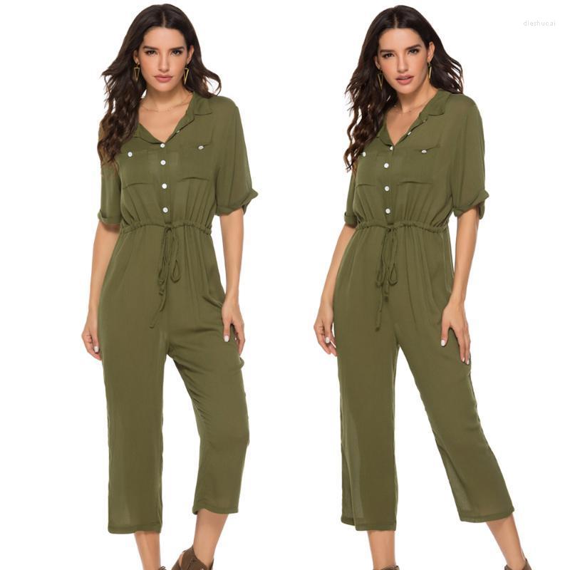 

Women' Jumpsuits & Rompers Summer Women Half Sleeve Overalls Jumpsuit Buttons V-neck Wide Leg Long Pant Romper Casual Loose Office Work Ove, Green