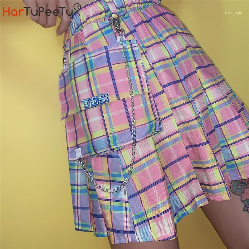 

Skirts Ins Pleated Mini Skirt Girl Summer 2022 Cosplay Elastic High Waist Plaid Harajuku Women Cute Pink Vestido With Chain, As photo