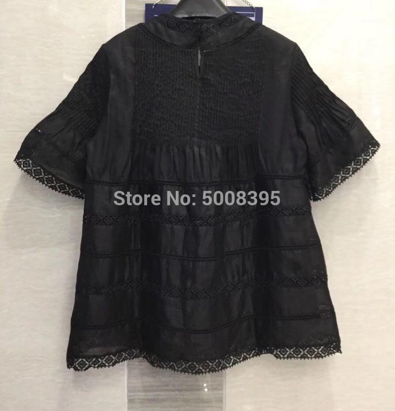 

ElfStyle] - White Black Cotton Linen Blouse Top Round Neck Embroidered Detail With Pleats Short Flared Sleeved Women' Blouses & Shirts