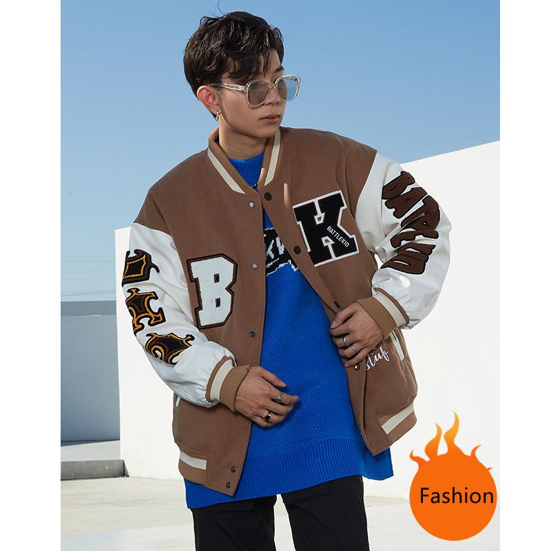

Men's Jackets Street Retro Letter Embroidery Baseball Men Fashion Winter Loose All-match Casual Thickened Jacket Uniform Cotton Bomber Jacke, Black