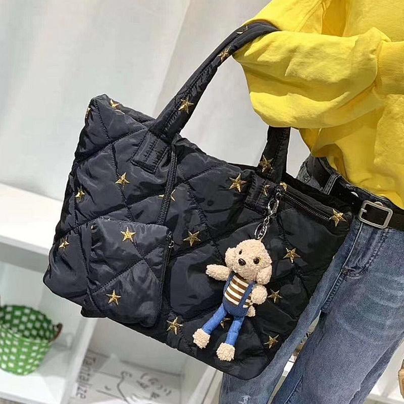 

Evening Bags Casual Space Padded Large Capacity Tote Women Shoulder Down Feather Quilted Handbags Nylon Big Crossbody Bag Winter 2022, Black