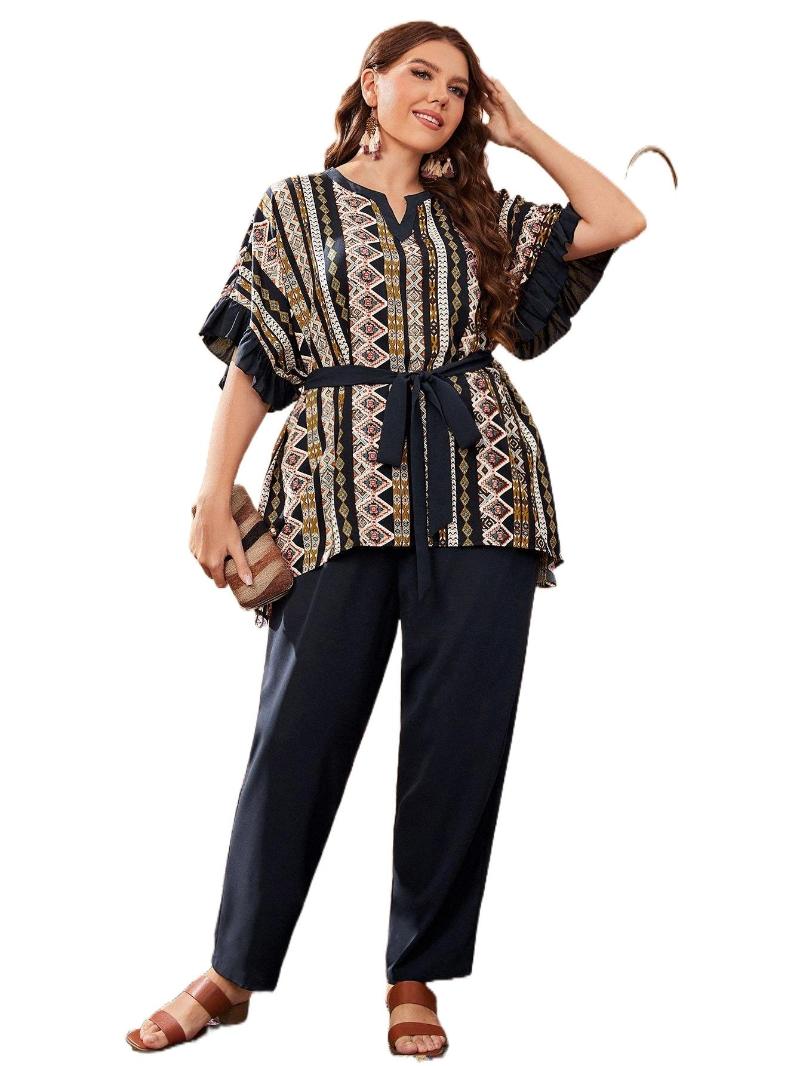 

Plus Size Dresses Argyle Print Belted Top & Pants Set 34Qj#Plus, Multicolor