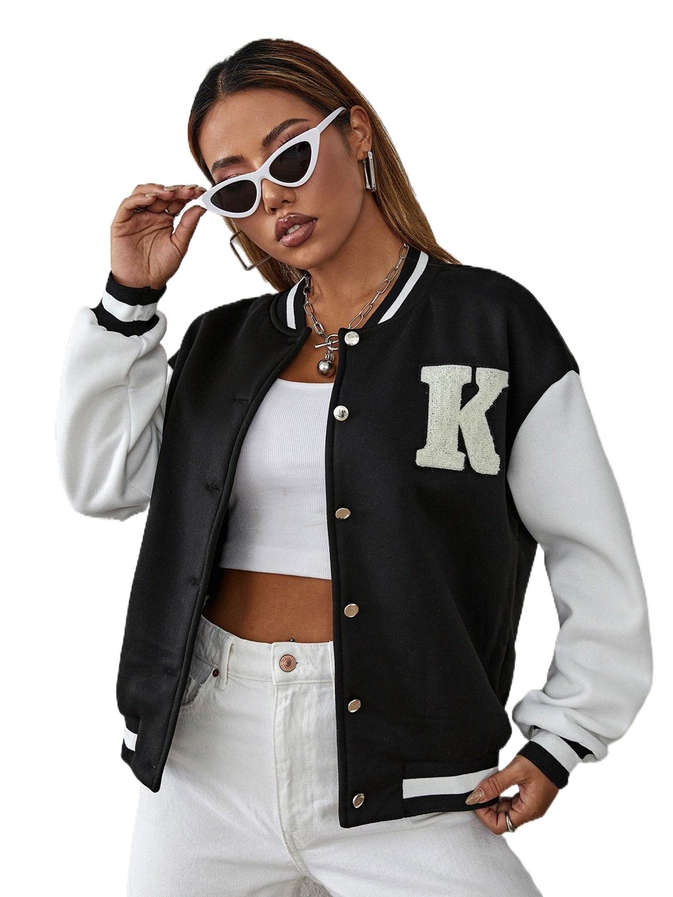 

letter Patch Detail Drop Shoulder Two Tone Bomber Jacket G1WH#, Black