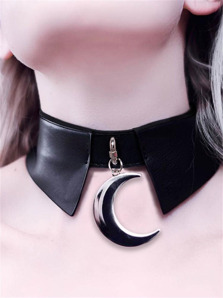 

Chokers Retro Necklace PU Leather Patchwork Gothic Moon Pendant Cool Chic Fashion Women Harajuku Jewelry 2022 Choker Necklaces