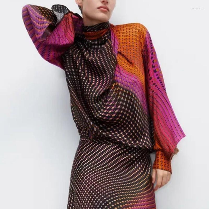 

Women's Blouses & Shirts Spring 2022 Female Stand-up Collar Color Matching Bat Shirt Bow Print Dway22, Mixed