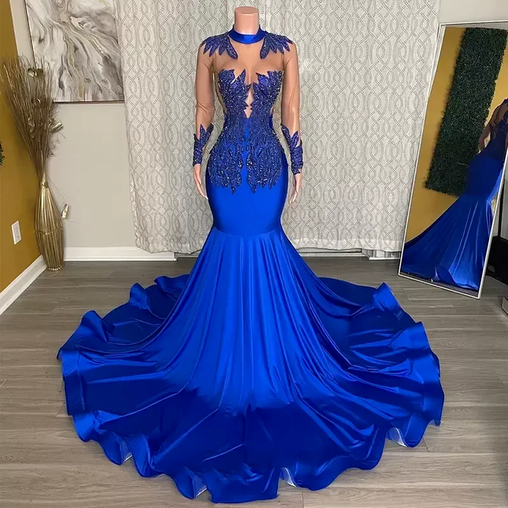 

2022 Royal Blue Mermaid Long Evening Dresses Exquiste Beaded Prom Gown with Full Sleeve See Through Top Long Sleeves Formal Dress C0418, Light yellow