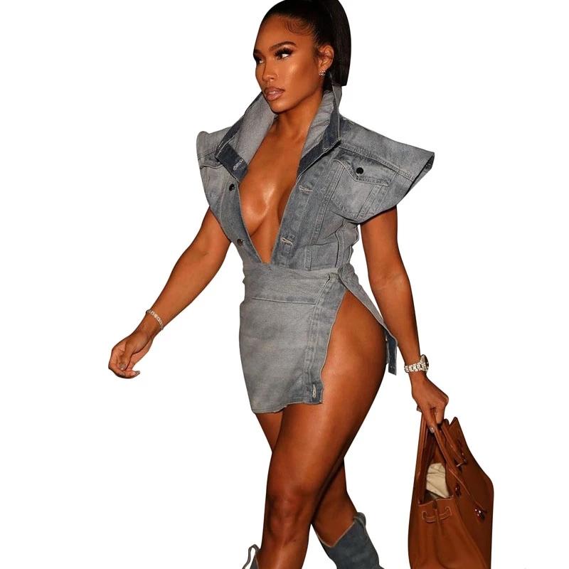 

Work Dresses Sexy Denim Vest Mini Skirt Set Summer Fashion 2 Piece Women Suit V-Neck Shirt Tops Jeans Skirts Matching Club Party OutfitsWork