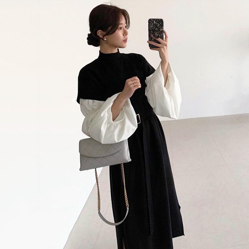 

Casual Dresses [EWQ] Autumn Fashion Stand-up Collar Black And White Splicing Lantern Sleeves Lace-up Waist Fake Two-piece Knitted Dress 16F0