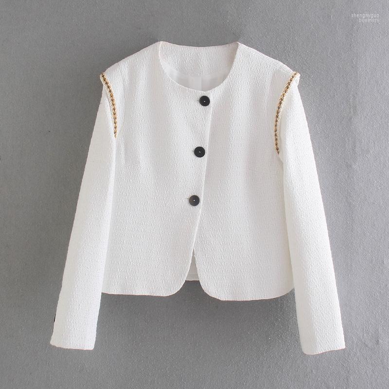 

Women's Jackets Xikom 2022 Tweed Women Vintage White Long Sleeve Slim Office Lady Jacket Female Single-Breasted Streetweaer Ladies Chic Top